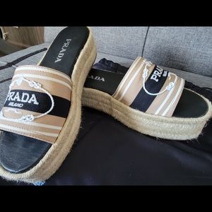 $570 Prada Logo Embroidered Slide Espadrilles Like New!